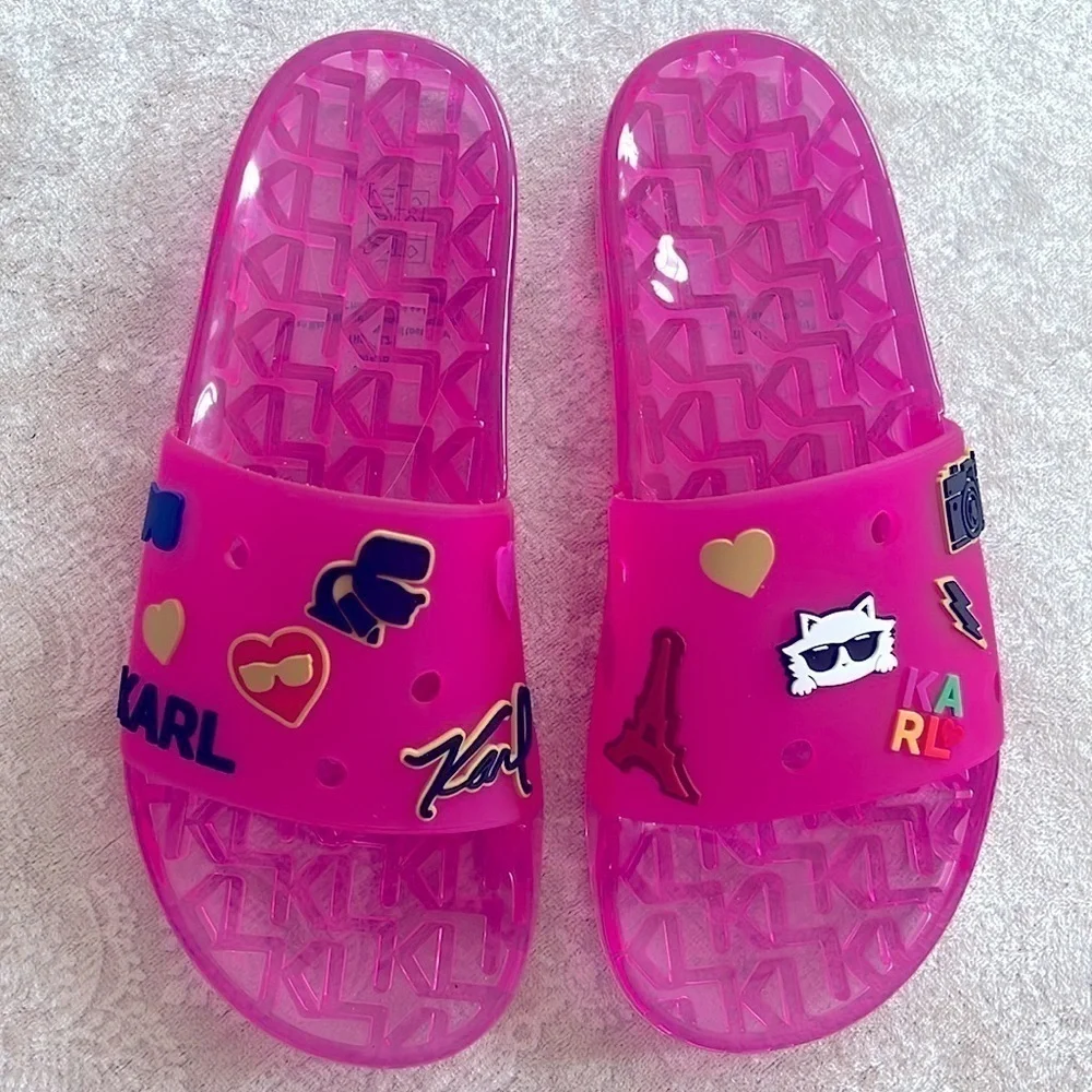 Brand New Karl Lagerfeld Paris Thea Jelly Pool Slides Embellished Pink Sandals - Picture 2 of 16